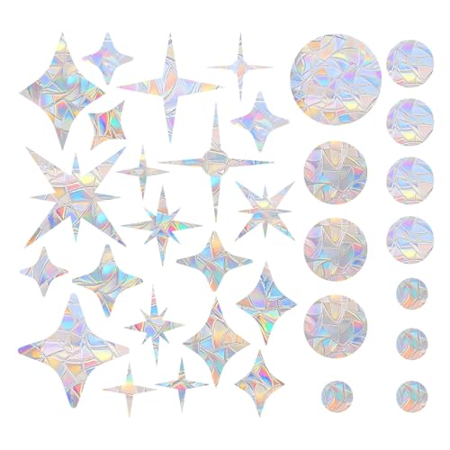 55 Prisma colorido pegatinas,Suncatcher Sticker, calcomanías para ventanas de pájaros, Adhesivos Decorativos para Ventanas y Puertas de Cristal, Estilo Estrella y Círculo, Vinilo No Adhesivo
