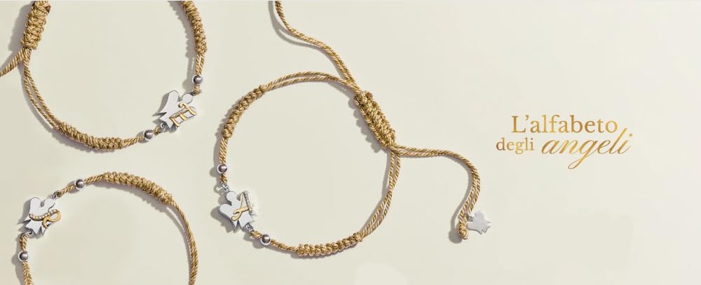 Bracciale con cordino regolabile beige e oro | Angelo e lettera in argento | L'alfabeto degli Angeli | Roberto Giannotti (E)