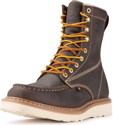 SUREWAY Mens 8 in Wedge Moc Soft/Steel Toe Work Boots for Men,Full-Grain Leather,Goodyear Welt,EH,Safety Industrial Construction Boots/Shoes for Women,Waterproof Steel Toe BROWN,Size 14