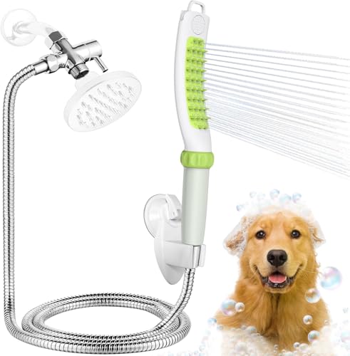 Dog Shower Attachment, Rubber Dog Grooming Bath Brush for Long & Short Haired Dogs and Cats, Pet Hair Scrubber For Washing, Deshedding, Massage, Stainless Steel Shower Hose by Tirmen - Used condition - US$17.09