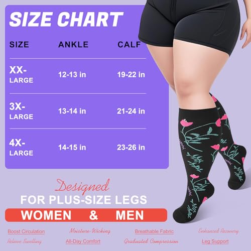 Image of 4 Pairs Plus Size Compression Socks,Extra Wide Calf 20-30 mmHg Knee High Compression Socks for Men Women Circulation