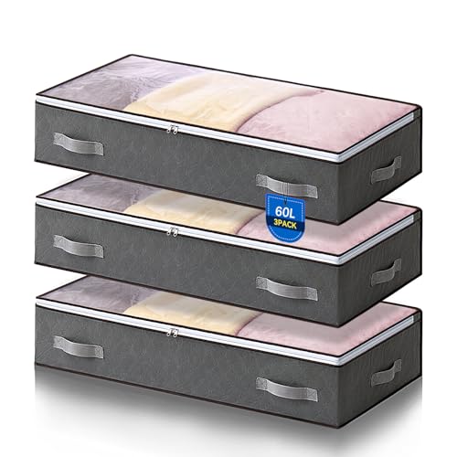 AIOR 3 Piezas 60L Bolsas Almacenaje Ropa Debajo de la Cama, Cajas Almacenaje de Gran Capacidad con Ventana Transparente, Cama Organizador Armario para Mantas Edredones, 80x50x15cm