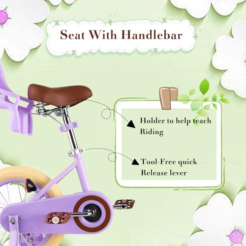 Image of RULLY 12 14 16 Inch Girls Bike with Doll Seat Basket and Training Wheels for 2-6 Years Children