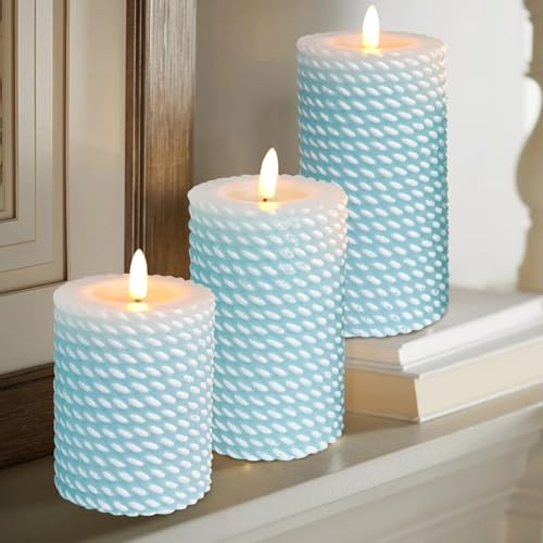 Image of Crystal Club Blue Flameless Candles Corded Pattern Carving Battery Operated Flickering Candles LED Real Wax Pillar Candles for Wedding Holiday Home Decorations