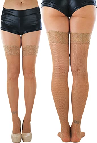 Image of ToBeInStyle Women's Wide Floral Lace Fishnet Thigh Hi Stockings