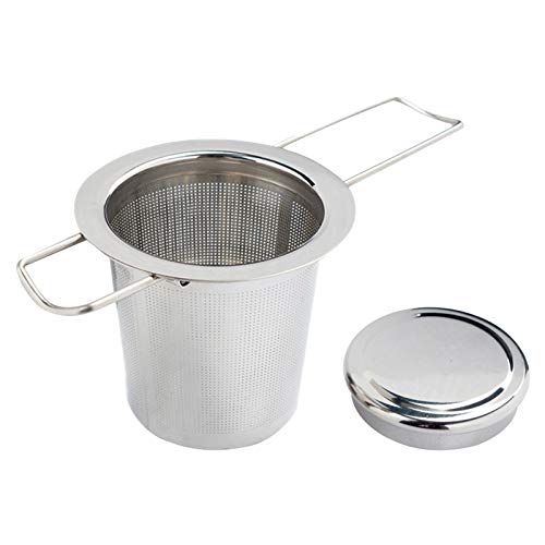 Colador de malla de t, colador de infusor de t de acero inoxidable con tapa, colador de t con dos asas plegables, filtro de t para tazas de t, tazas y ollas