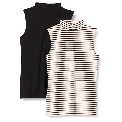 Amazon Essentials Women's Cotton Modal Mock-Neck Slim-Fit Rib-Knit Sleeveless Top, Pack of 2, Black/French Stripe, XX-Large