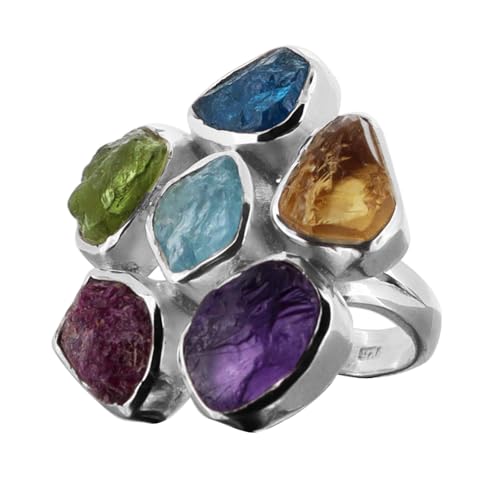 Multicolored Gemstone Cluster Ring, Handcrafted Sterling Silver 925 Statement Ring (11)