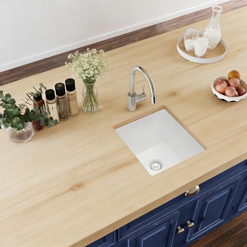 MONSINTA White Bar Sink, 13" x 15" x 10" Undermount Kitchen Sink, 13 Inch Small and Deep Single Bowl Granite Composite Kitchen Sink with Accessories, 13 x 15 White Quartz Stone Bar Sinks by MONSINTA - Used condition - Image 8