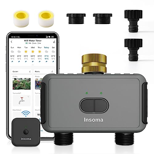 Controlador de sistema de riego, temporizador de agua inteligente con 2 salidas, para césped, entrada de latón gris oscuro y salida de plástico (2 salidas)