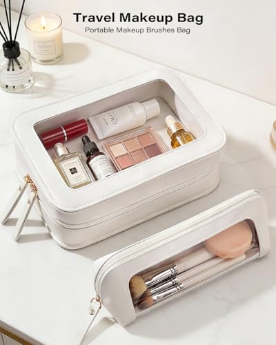 Image of LETGO 2 PCS Clear Makeup Bags Set,Waterproof PU Leather Travel Cosmetic Bags, Transparent Toiletry Bag Organizer with Zipper, Portable Makeup Brush Case Pouch for Women Girls Travel Daily Use (White)