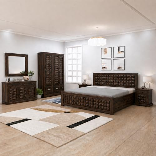 Image of SONA ART & CRAFTS Diamond Solid Sheesham Wood Bedroom Set | Queen Size Bed with Box Storage, Wardrobe, Cabinet with Mirror & Two Bedside Tables - Walnut Finish (Assembly Included)