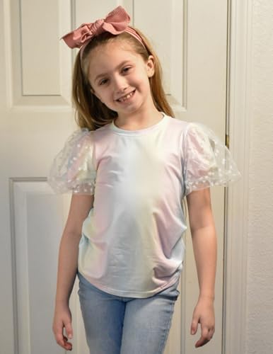 Image of Arshiner Girls Shirts Mesh Puff Short Sleeves Blouse Crewneck Cute Print Summer Kids Tee Tops