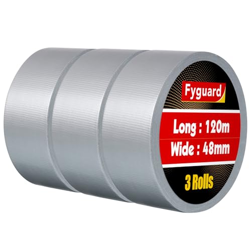 Fyguard 3 Rolle Panzertape Grau, 48mm x 120m Reparaturband 210μ Klebeband Wasserdicht Gewebeband Handreißbar Gafferband Panzertape Silber zum Haushalt Gärten Reparieren Befestigen Bündeln (40m/Rolle)