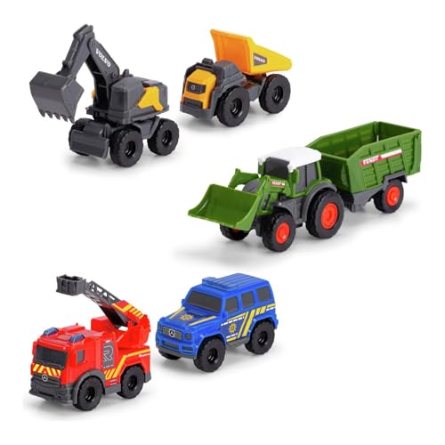 Dickie Toys - 5er-Set Micro Spielzeugautos (je ca. 8 cm) - 5 Autos (Polizei, Feuerwehr, Bagger, Traktor mit Anhänger und Muldenkipper) mit Freilauf und beweglichen Teilen für Kinder ab 3 Jahre