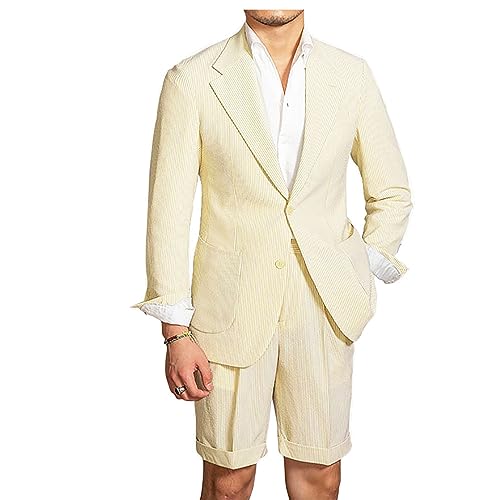 Mens Casual Summer Beach Wedding Shorts Suit Grooms Seersucker Lightweight Seersucker Suit Shorts Set