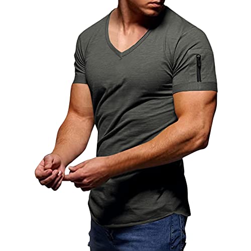 Tops Deportivos y Casuales de Verano de Manga Corta con Cuello en V para Hombre de Color sólido Informal a la de Verano para Hombre Blusa Superior Camiseta (Dark Gray, XXL)