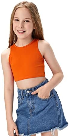 OYOANGLE Girl's Casual Solid Sleeveless Round Neck Slim Fit Basic Crop Tank Top Orange 9Y