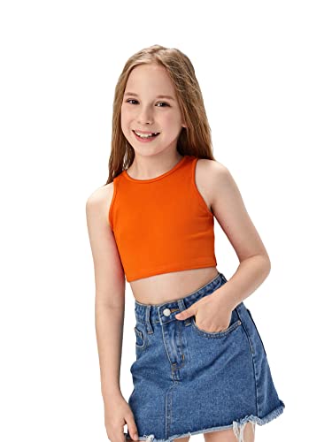 Oyoangle Girl's Casual Solid Sleeveless Round Neck Slim Fit Basic Crop Tank Top Orange 9Y #TOP27