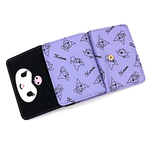 Image of Kuromi Black Face Purse Adorable Japanese Kawaii Cartoon Kitty's Friends Design Cute Pattern Purple Trifold Compact Card Cash Wallet with Coin Zipper Pocket