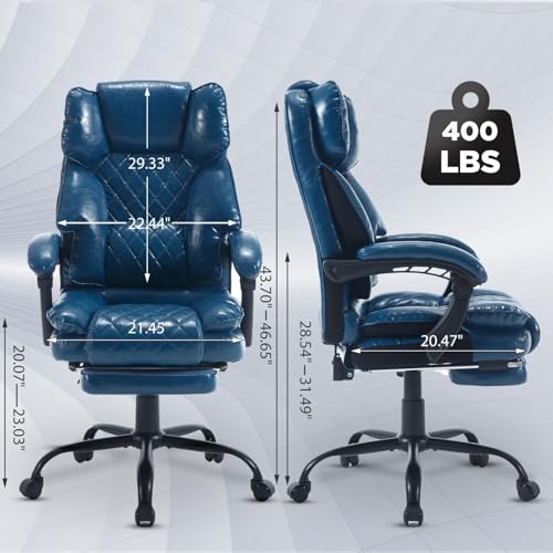 Image of Big Tall Reclining Office Chair with Footrest, 400lbs Ergonomic Recliner Office Desk Chairs with Lumbar Support, Heavy Duty High Back Vintage Leather Executive Computer Chair with Wheels, Blue