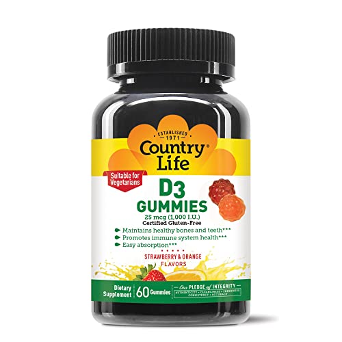 Country Life Vitamin D3 Gummies, 1,000 IU, Promotes Immune Health, Great Taste, Strawberry & Orange Flavor, 60 Gummies, Certified Gluten Free, Certified Vegetarian