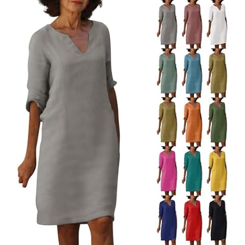 Rikbuig Linen Summer Boho Dresses for Women 2025 Casual Half Sleeve Beach Short Tunic Dress Loose Flowy Knee Length Modest Elegant Wedding Guest Cocktail Dresses Plus Size Cute Vacation Dress Cover