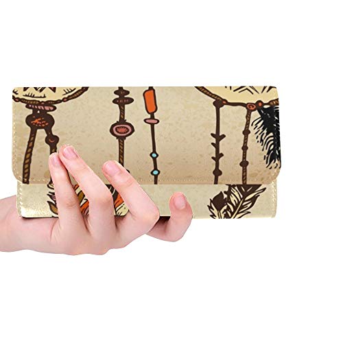 Preisvergleich Produktbild Einzigartige benutzerdefinierte ethnischen Federn ethnischen Elementen Traumfrauen dreifach gefaltete Brieftasche Lange Geldbörse Kreditkarteninhaber Fall Handtasche