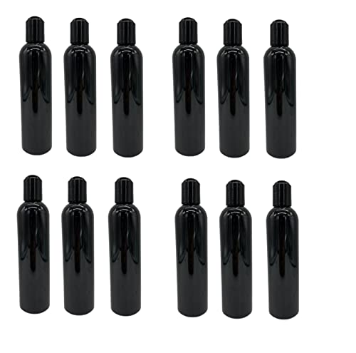 Natural Farms 8 oz Black Cosmo Plastic Bottles -12 Pack Empty Bottle Refillable - BPA Free - Essential Oils - Aromatherapy | Black Press Down Disc Cap - Made in the USA