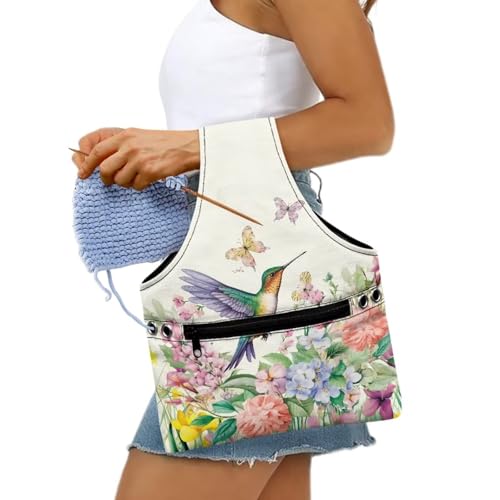 Image of KUIFORTI Hummingbird Knitting Yarn Bag, Flower Crochet Bags for Women Tote Bag for Knitting Needles, Yarns and Unfinshed Project, Crochet Hook Organizer, Small Size