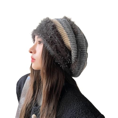 BaronHong Women's Slouchy Fleece Beanie Hat with Ear Flaps Winter Warm Baggy Knitted Hat Plush Earmuffs Knitted Hats, black, M