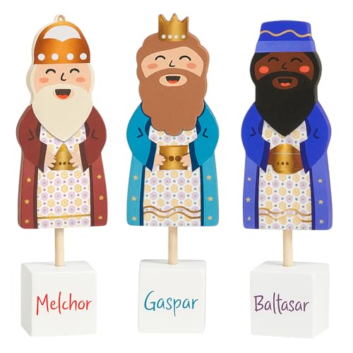 TIENDA EURASIA – Reyes Magos | Medidas Colgantes 4.3x0.3x10 cm y Figuras 3M 4.2x3x16 cm | Material Madera | Multicolor | Decoracion Navidad (Figuras Reyes Magos)