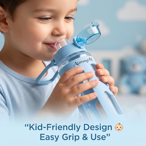 Image of Atarangi Round Sky Blue Kawaii Water Bottle 700ml for Kids | Leak Resistant Flip Top Lid | 90 Rotatable Handle | Durable Plastic Drinking Bottle for School, Travel & Daily Use (Sky Blue | 700 ml)