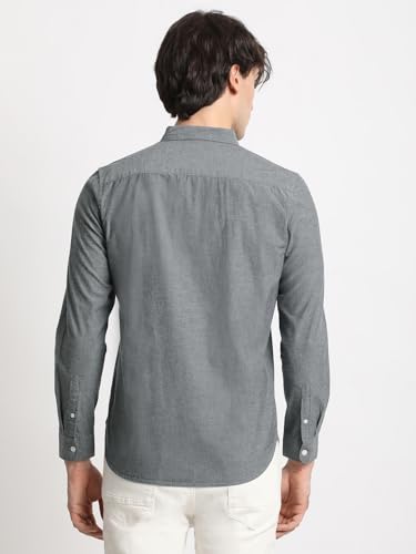 Image of THE BEAR HOUSE Men's Grey Solid Slim Fit Cotton Casual Shirt