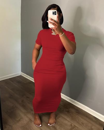 Image of Women's Casual Short Sleeve Dress T Shirt Bodycon Dresses Ribbed V Neck Maxi Sundress Basic Party Club Dress with Pocket
