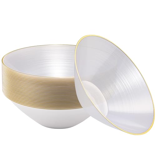 realluck 25 Pack Plastic Bowls Disposable Heavy Duty, 18oz Reusable Plastic Bowls Pearl White Gold Rim Water Ripple for Wedding, Elegant Bridal Shower Banquet, Outdoor Picnic
