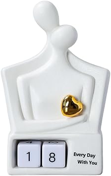 for Couples & Parents, Modern Ceramic Couple Sculpture with Fixed Gold Heart, Abstract Embrace Figurine Displays Anniversary Years 01-98, Wedding Home Decor, 7.3 Inch