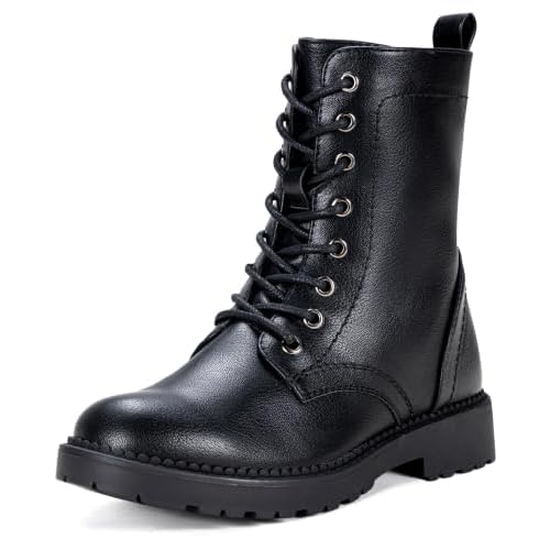 Women's Lace Up Combat Ankle Boots, Low Heel Moto Fall Booties | Flat Short Round Toe Boots, Side Zipper, Comfy Arch Support, Casual, Biker, Jeans, Office, Outfits, Daily Wear