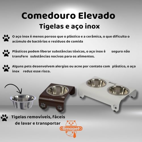 Comedouro Elevado para Cães, Tigela em Aço Inox Removível, Base em aluminio com Decoração de Patas,