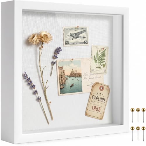 8x8 Shadow Box Frame with Linen Background & Metal Push Pins Plexiglass Front Memory Display Box White