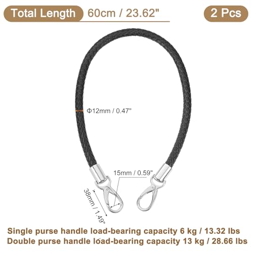 uxcell Leather Purse Strap, 2Pcs 60cm/23.62" Short Leather PU Braided Purse Replacement Handle with Metal Buckles for Underarm Bags, Handbags (Black Strap + Silver Clasp) by uxcell - Used condition - Image 2