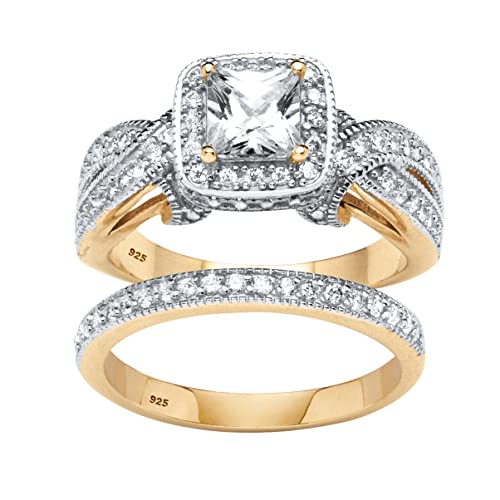 PalmBeach Yellow Gold-plated Sterling Silver Princess Cut Cubic Zirconia Halo Bridal Ring Set Sizes 6-10