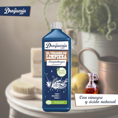 LA DROGUERIA - Vinagre de Limpieza Concentrado 14º Concentrado - 1L (1000ml) - Vinagre Blanco Limpieza Antical Ecológico - Desincrustante Natural para Cocinas y Baños – Multiusos Profesional