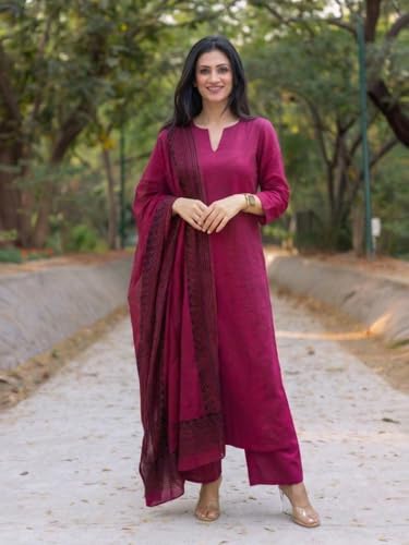 Image of GoSriKi Kurta Set Women Viscose Solid | Kurti Set Woman | Kurta Narrow Pant Dupatta 3 Piece Outfit | Round Neck V-Slit 3 /4 Sleeve Straight Fit Ethnic Wear Ladies Dress Stylish Traditional Clothing