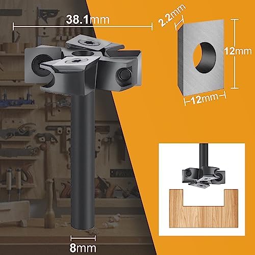 SpeTool Frez do obróbki płaszczyzn 8mm trzpień 38,1mm średnica freza do górnopiła Frez do hoblowania drewna z wymiennymi płytami 2+2 ostrza Frez CNC