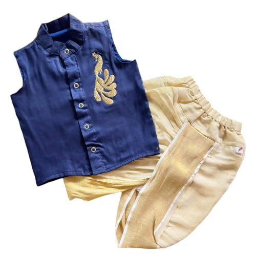Image of Picksparrow Baby Boy Cotton Silk-Tissue Kasavu Cotton Shirt with Dhoti pant (Peacock-Sleeveless)