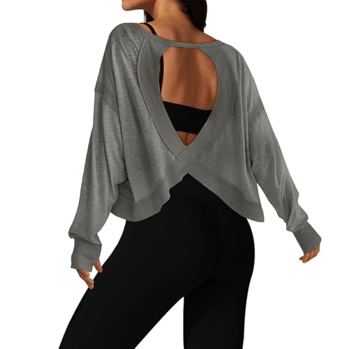 Image of UNIANKIYA Open Back Workout Tops for Women Long Sleeve Cropped Athletic Clothes Gym Running Yoga Low Impact Sports T Shirts