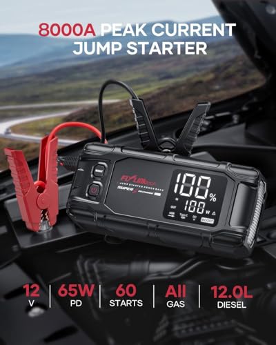 Jump Starter Power Pack, FLYLINKTECH 8000A Peak 26800mAh Car Battery Booster Jump Starter Bank with PD65W Fast Charging for All Gas or 12L Diesel, 12V Battery Jumper with 600 Lumen Light, Jump leads - Image 2
