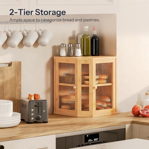 HOOBRO Bamboo Bread Box, Kitchen Countertop Corner Bread Box, Large Capacity 2-Tier Bread Container, Bread Storage Container with Dual Rippled Acrylic Doors, for Kitchen Food Storage, Natural YL12MB01 by HOOBRO - Image 2
