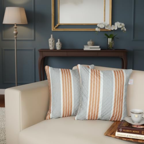 Image of STITCHNEST 'QuadraNest' Series Printed Quilted Velvet Cushion Cover 16x16 Inch Set of 2 | Premium Soft Fabric, Washable & Fade Resistant | Decorative Living Room Cushion Covers| Mustard & Grey Stripe